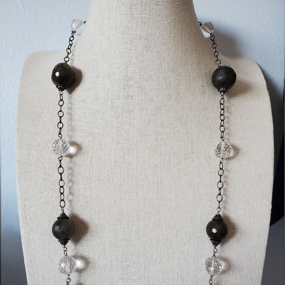 Faceted Labradorite And Clear Crystal Bead Station Sterling Silver Necklace